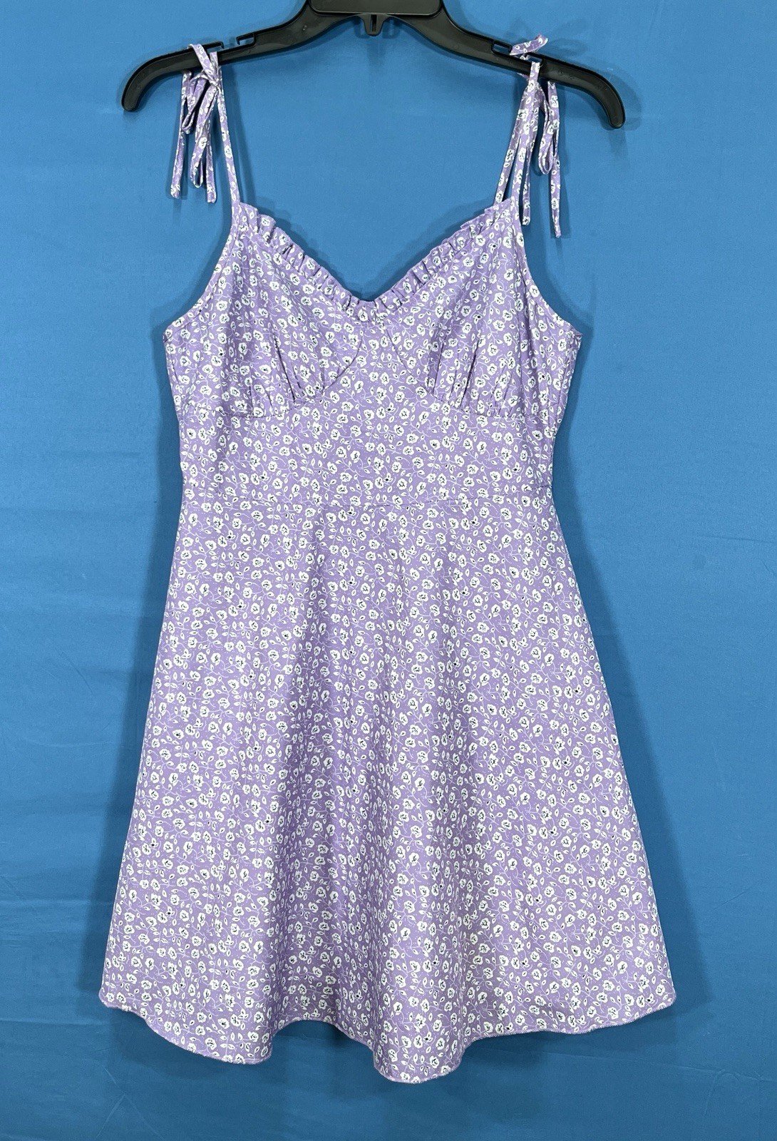 SHEIN Lilac/White FLORAL Sateen TIE-STRAPS Zip-Up FIT & FLARE Sundress S (US 4)
