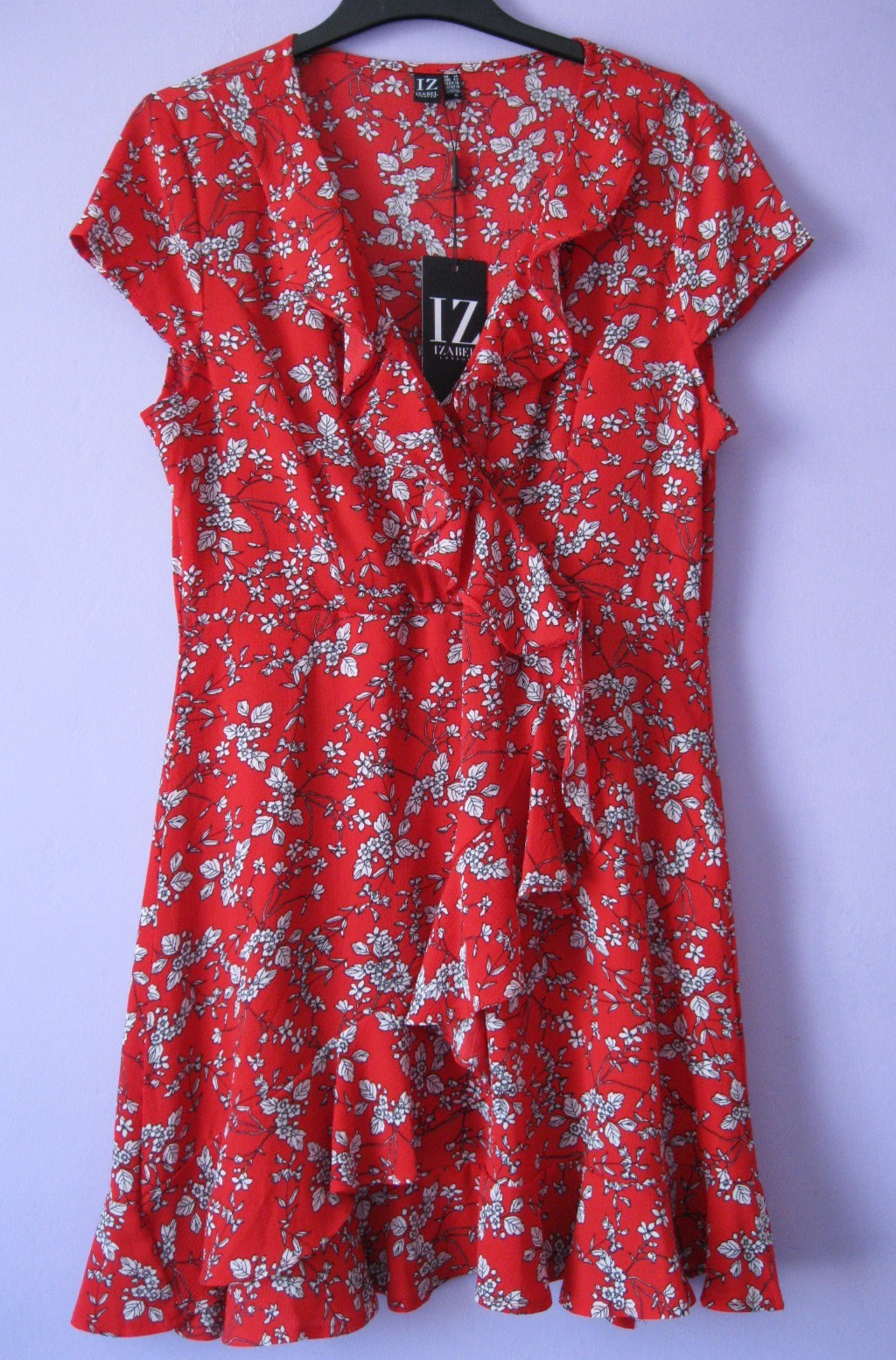 IZABEL London Tea Dress 14 (12) Multi Red Floral Wrap, side zip, Fit & Flare NWT