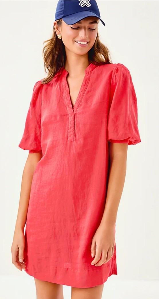Lilly Pulitzer MIALEIGH ELBOW SLEEVE LINEN DRESS, CANE CORAL