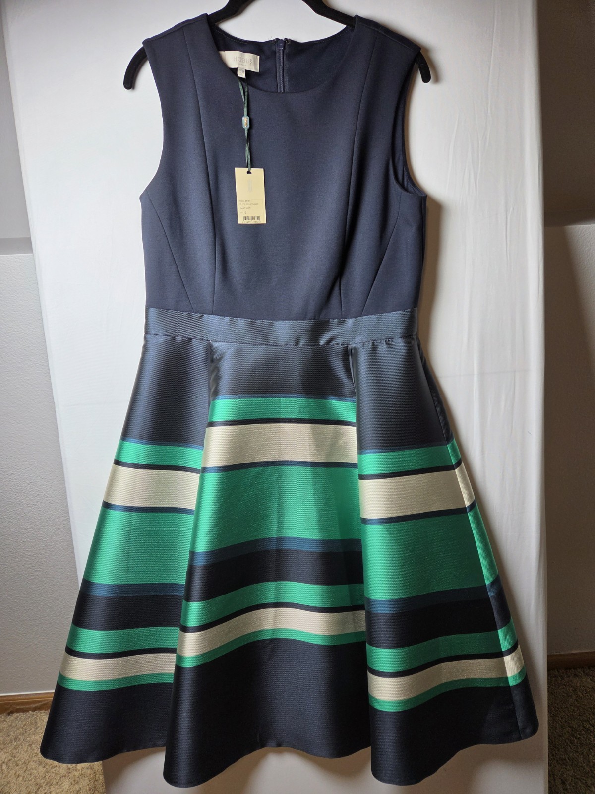 Hobbs Bella Striped Dress Sz US 8 Navy Green Metallic Pleated Wedding Guest BNWT