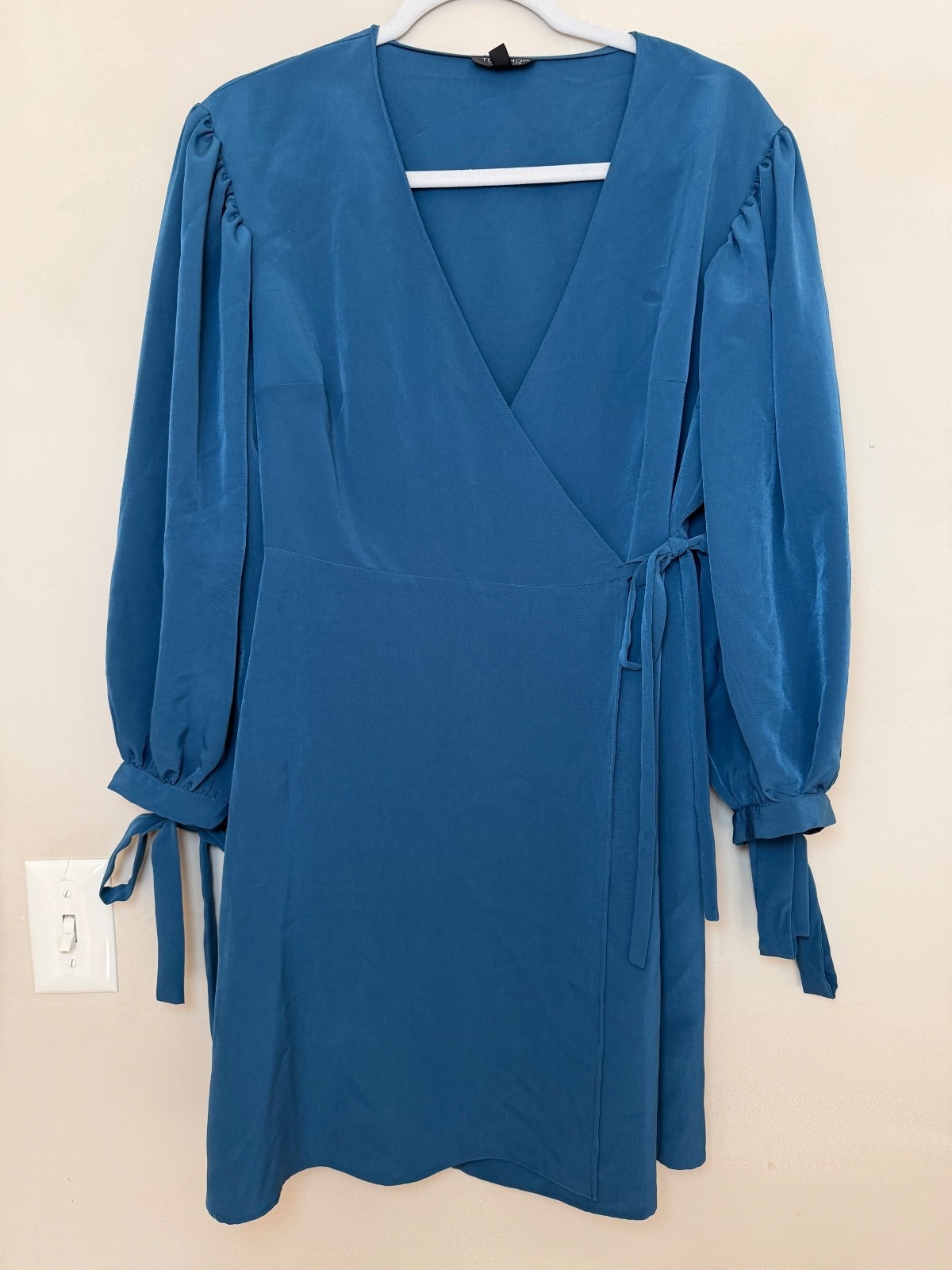 Topshop Blue Wrap Mini Dress with Long Sleeves and Tie Detail, Size US 8
