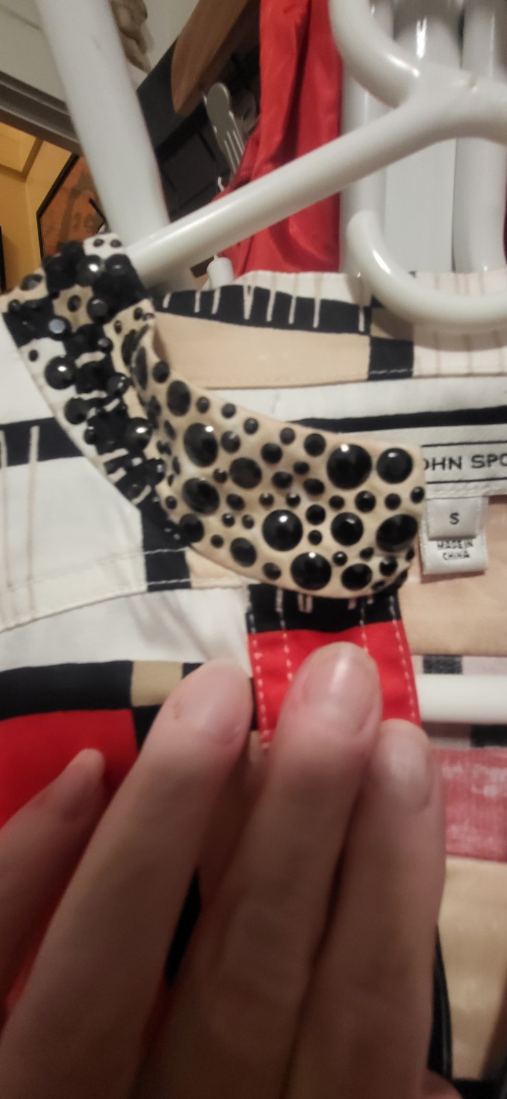 ST JOHN SPORT White Red BlackBeige Mondrian Print & Stud Collar Shirt Dress S