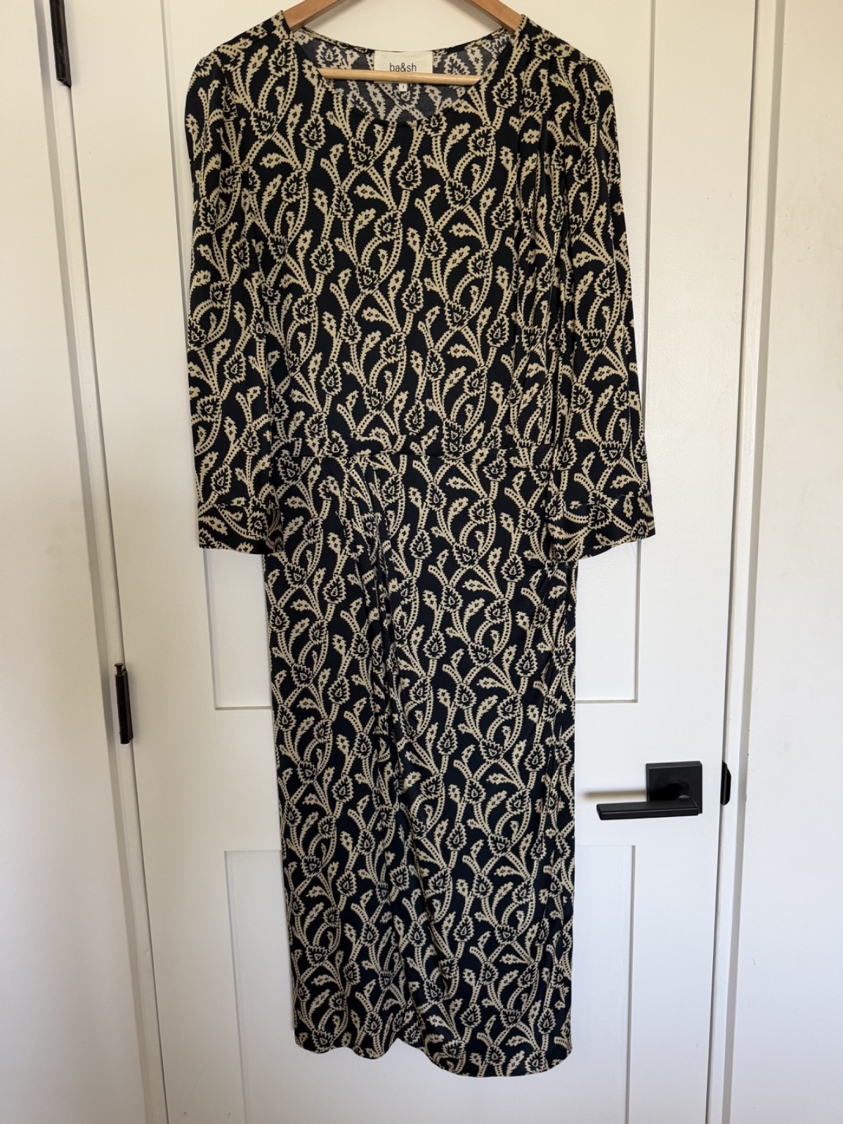 BA&SH Opal Wrap-Effect Navy Cream Paisley-Style Midi Dress RETAIL $425