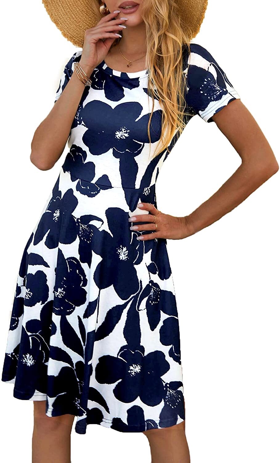 HUHOT Basic Dress Size S Stretchy A-Line Short Sleeves Floral Navy White