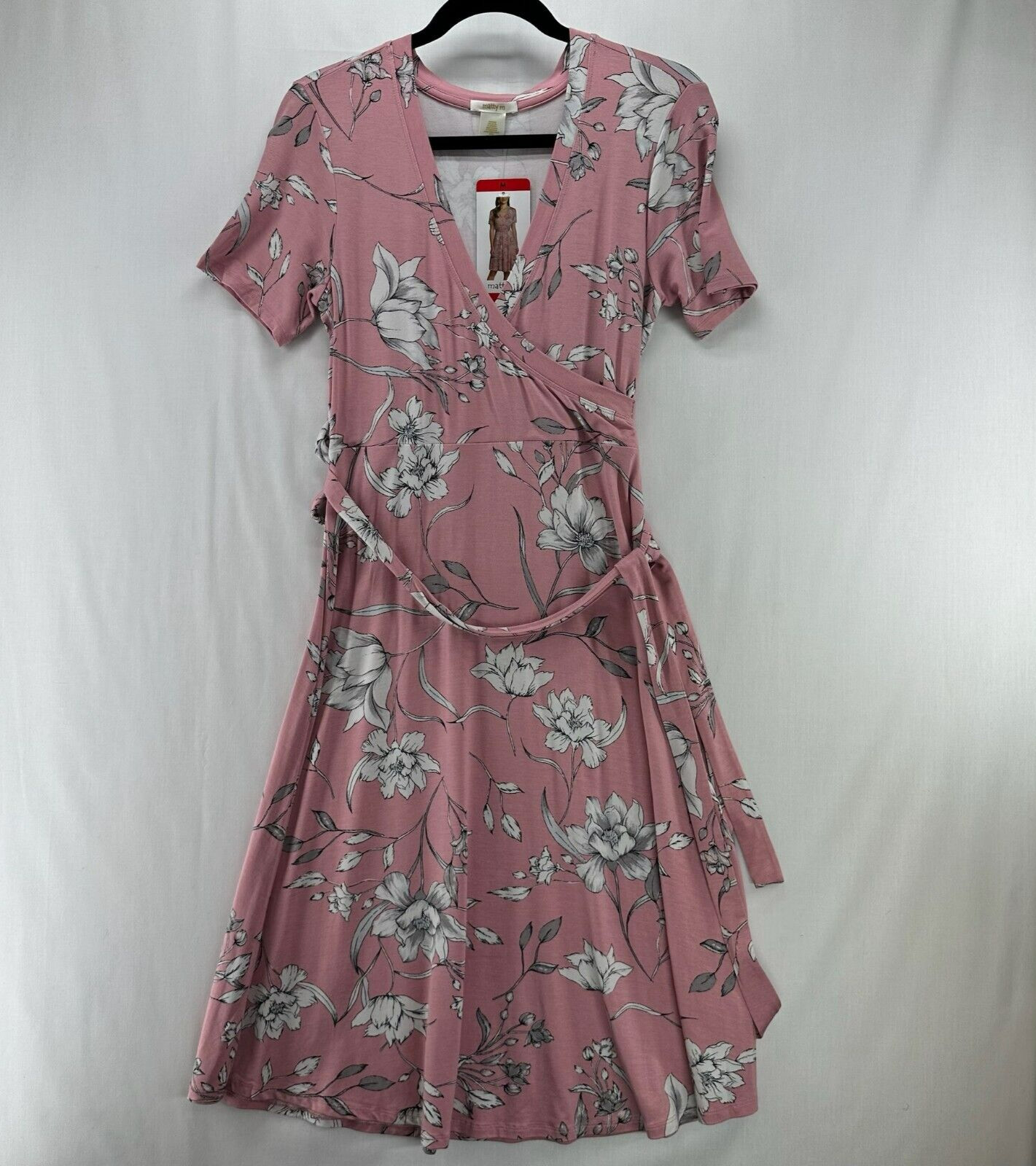 Matty M Midi Dress Womens Sz M Faux Wrap V-Neck Short Sleeves Belted Floral Pink