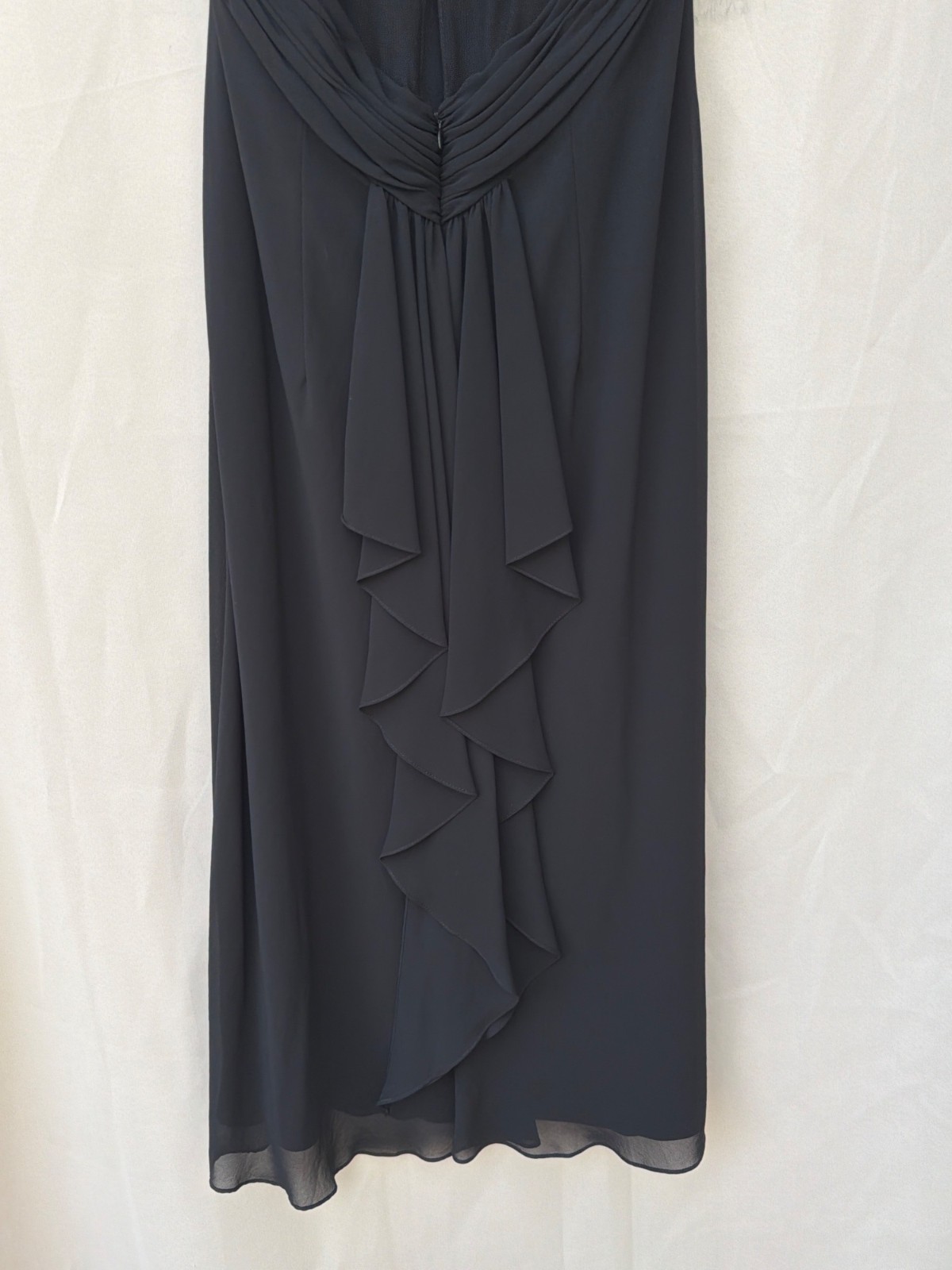 Black Sleeveless Chiffon Dress With Sheer Back & Tiered Ruffle Accent Mid-Length
