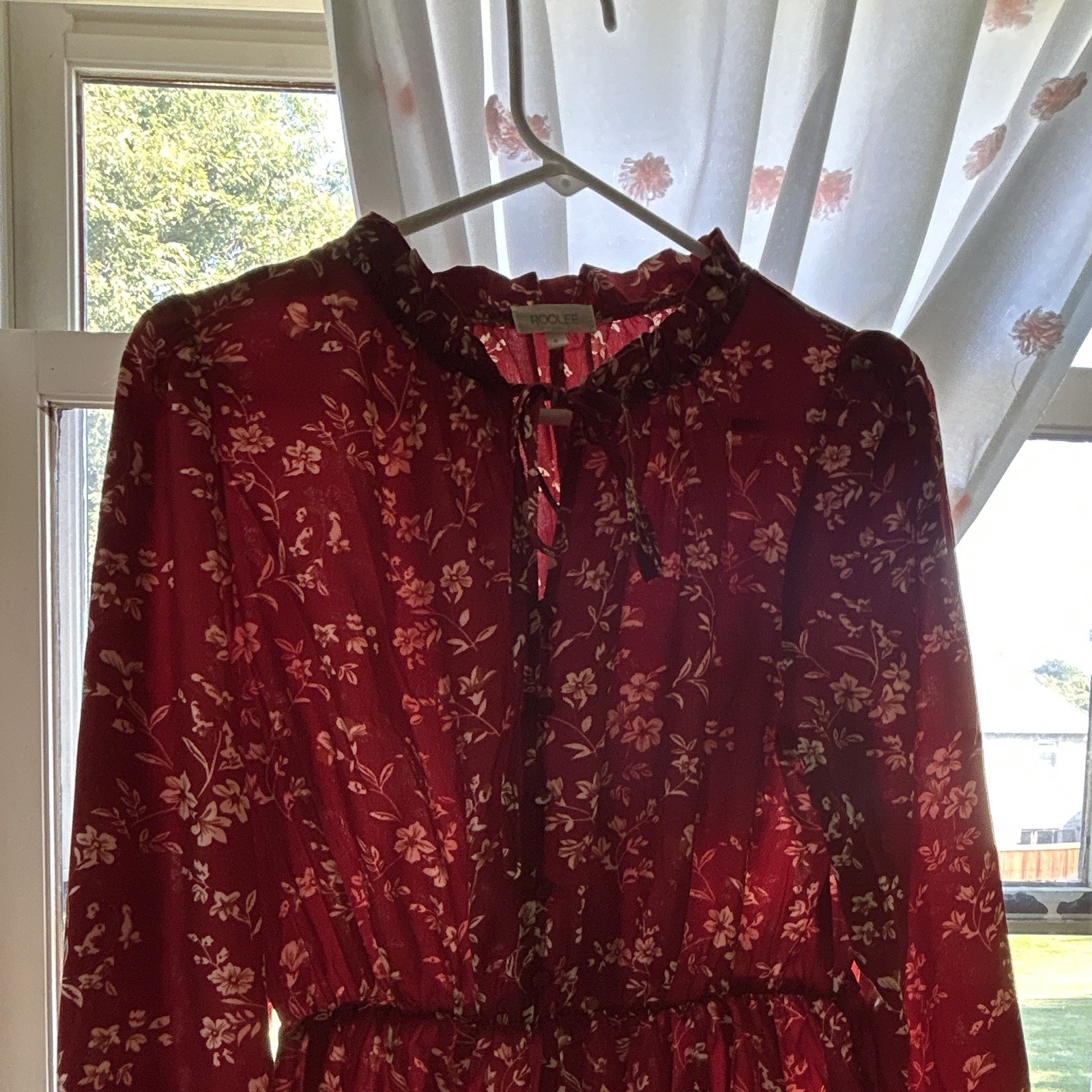 Roolee Red/White Floral Long Sleeve Tie Neck Ruffle Hem Short A-Line Dress M