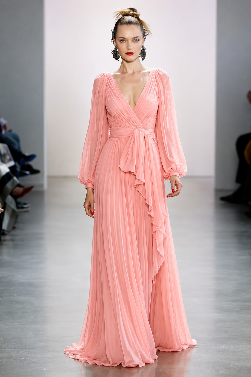 NWT Badgley Mischka Blush Pink Pleated Chiffon Maxi Gown Long Sleeve Wrap sz 4