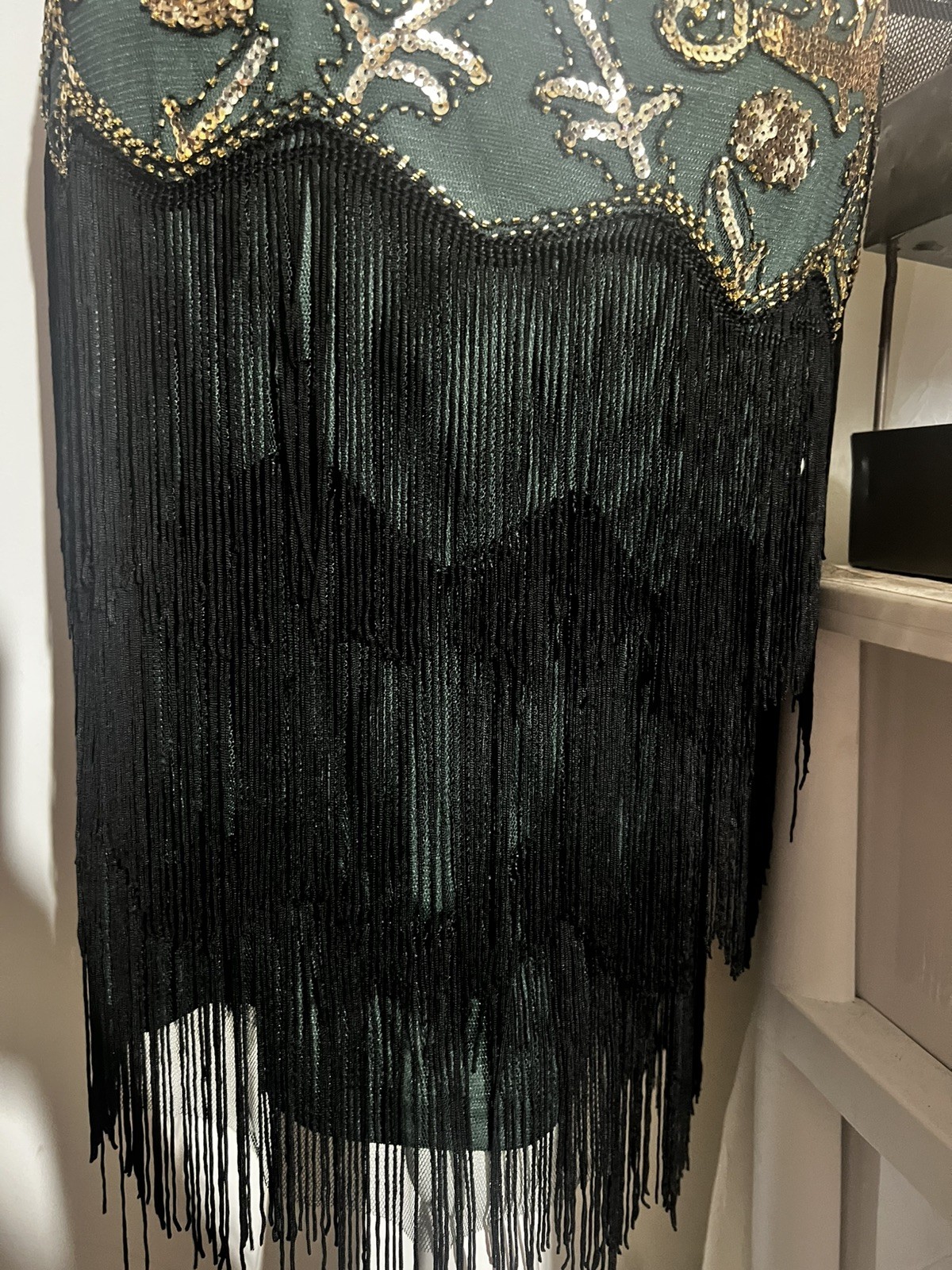 Emerald Green Sequin Flapper Art Deco Dress Green Black Gatsby 1920s Party Sz M