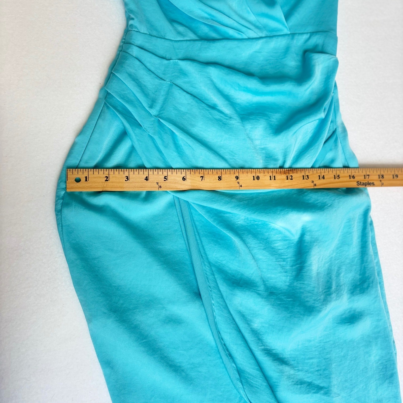 DO+BE Turquoise Blue One Shoulder Draped Ruched Tulip Midi Dress Sz Small NWT