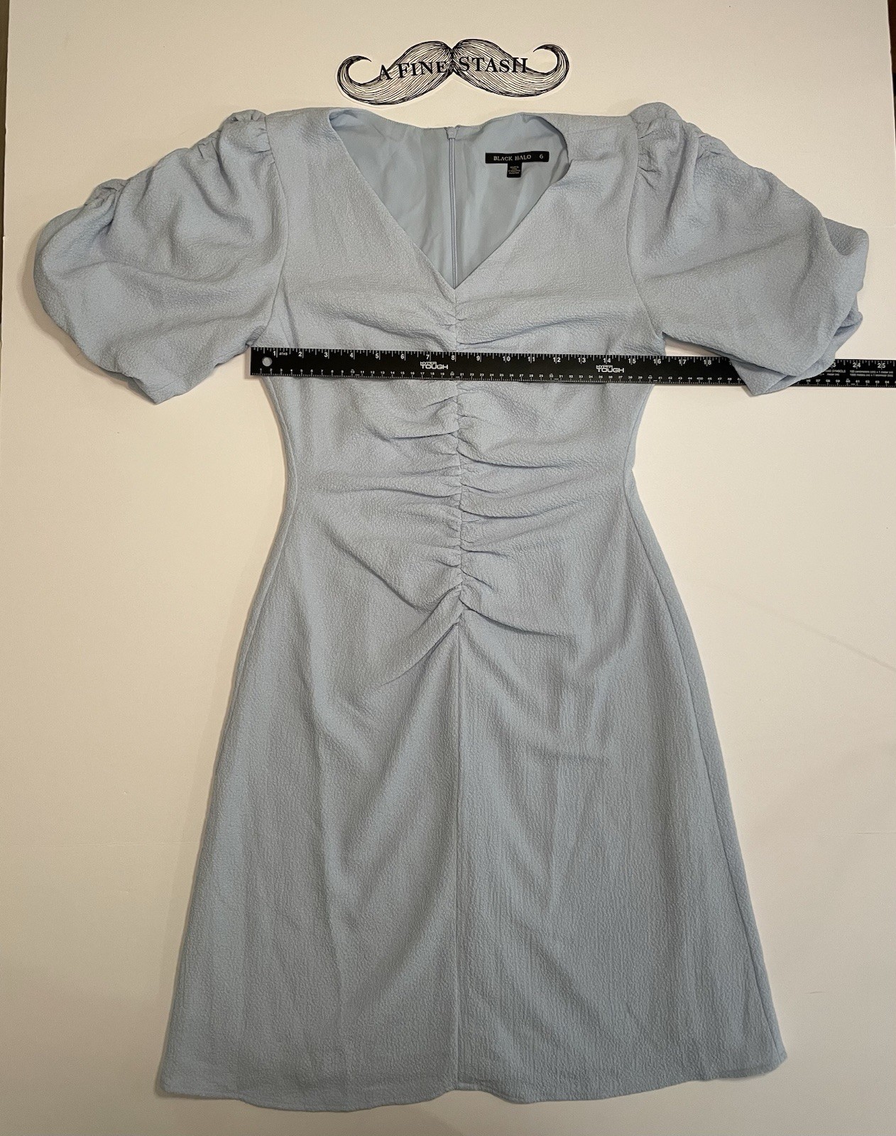 Black Halo Remus Ruched Cocktail Dress Maliblue Light Blue Puff Sleeve Size 6