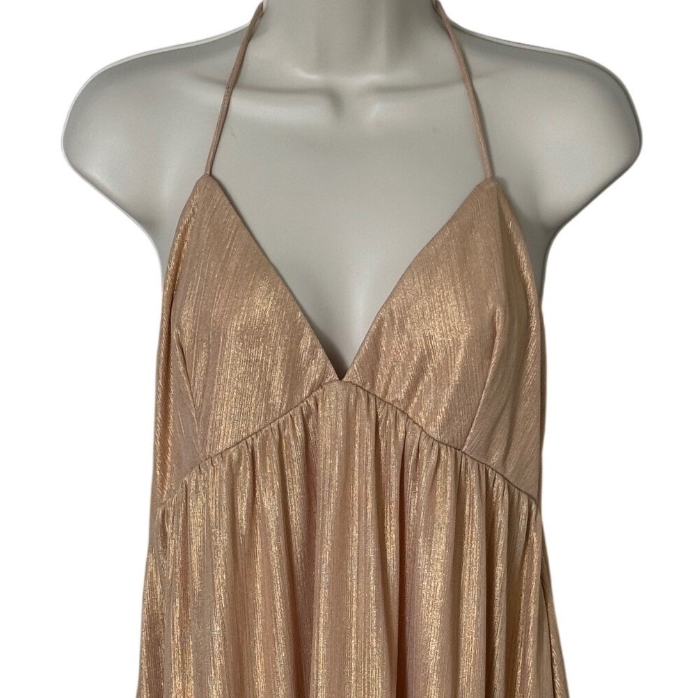 Superdown Margo Gold Champagne Metallic Halter Mini Shift Dress Party Club L
