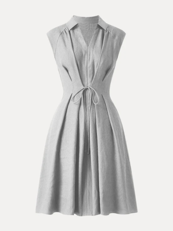 OGL Viscose-Linen Collared V-neck Midi Dress with Drawstring Pick Color/Size NWT