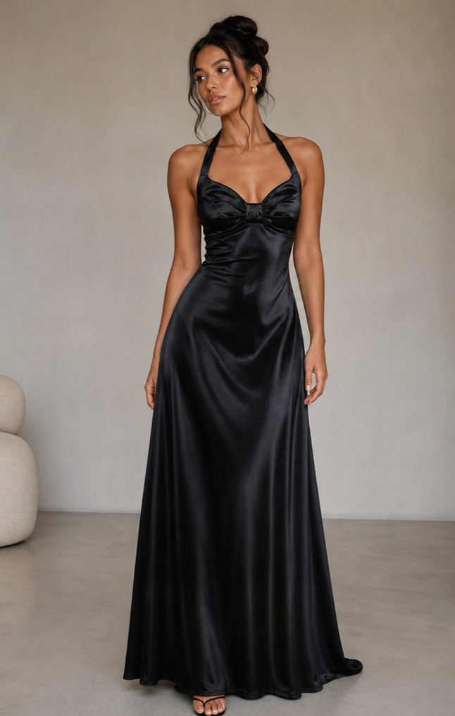 Vtg Roberta of California Black Satin Halter Dress Sz 11/12 Fits Smaller