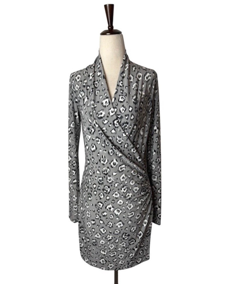 Norma Kamali Dress Women Small Gray Black Leopard Print Faux Wrap Ruched Sheath