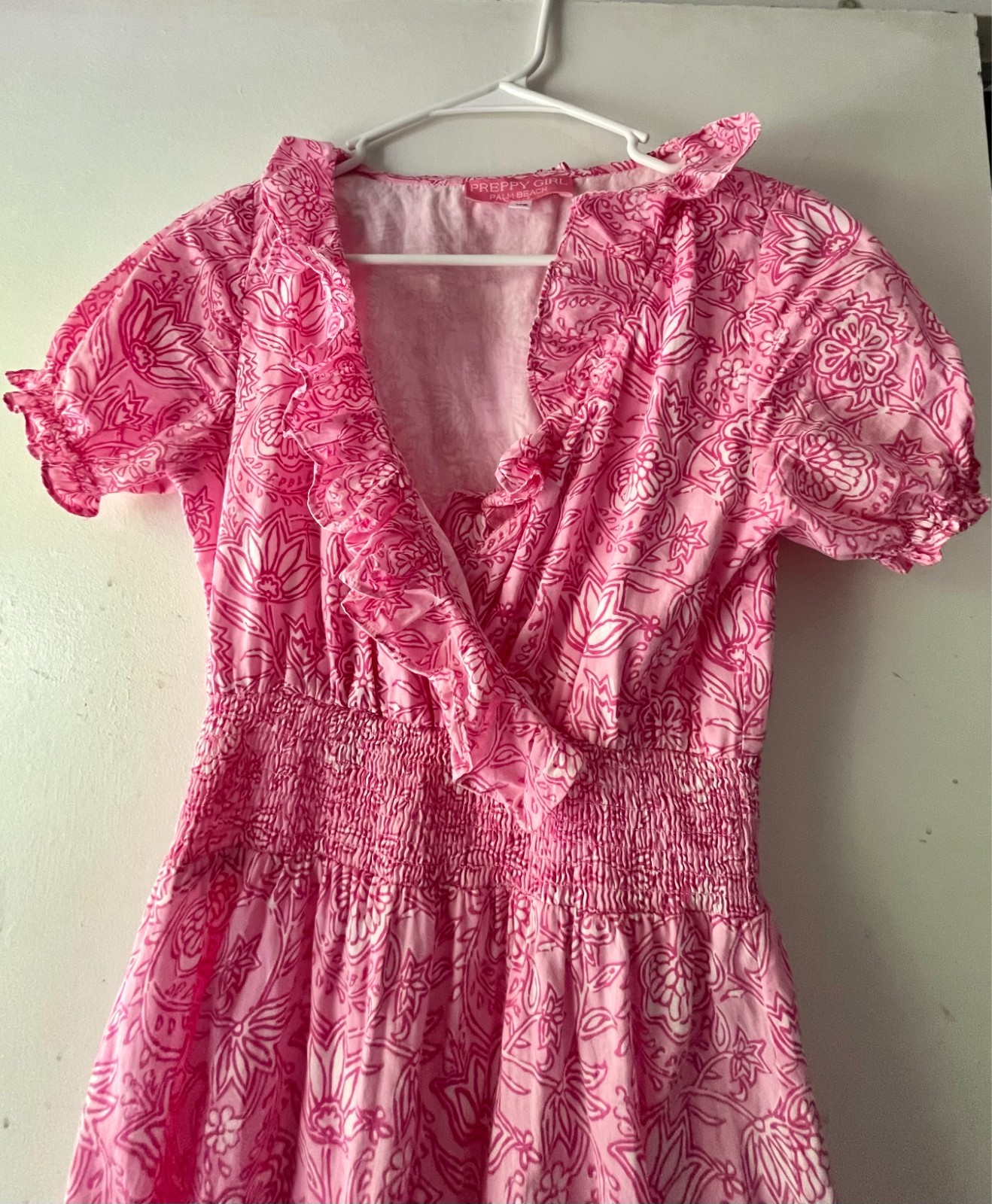 Preppy Girl Palm Beach Pink & White Ruffle Lined Cotton Dress, Size: XS