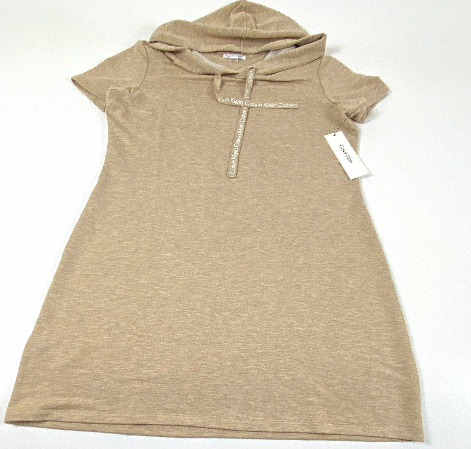 Calvin Klein Women’s Beige Hooded T-Shirt Dress Short Sleeve Logo Knee L