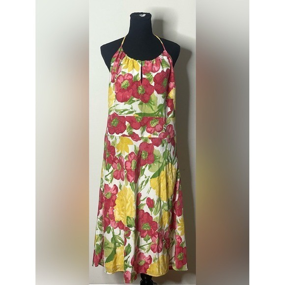 Ann Taylor Loft Silk Floral Halter Midi Dress Pink Yellow Size 16 Open Back