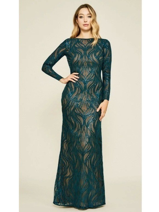 Tadashi Shoji Cerulean Sequin Sheath Gown A-Line Maxi Dress Formal Event Blue 18