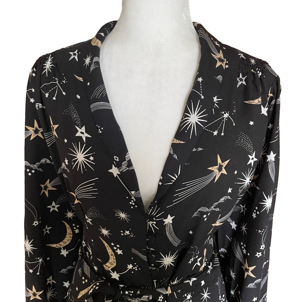 Joanie Babs Celestial Retro Black Moon Star Vneck Long Sleeve Midi Dress Sz 14