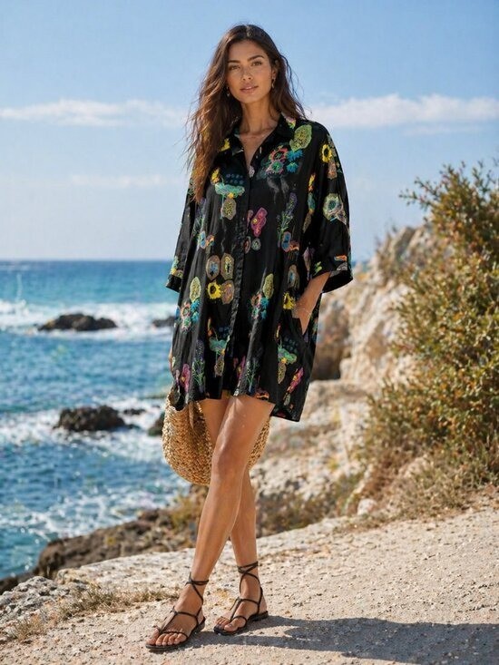Other Stories New Cotton Art Flora Mini Dress Button Front Resortwear Size 8