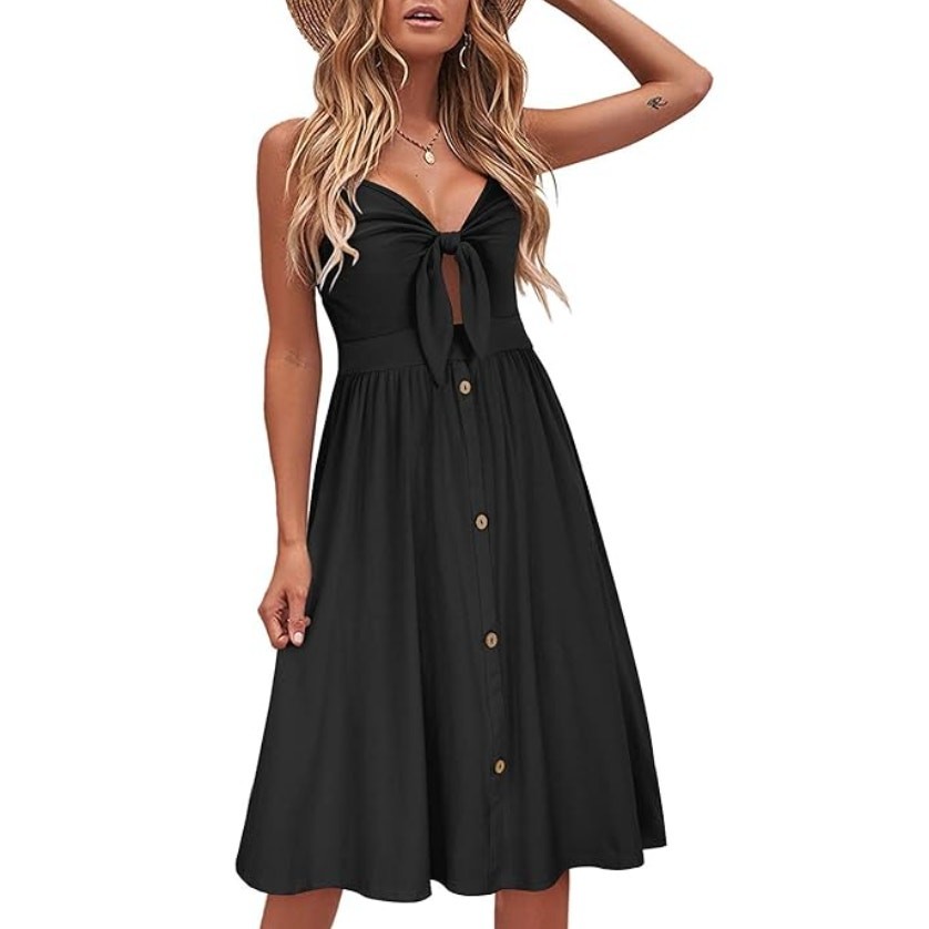 Black Cut Out Tie Front Midi Sundress Womens V Neck Spaghetti Straps Faux Button