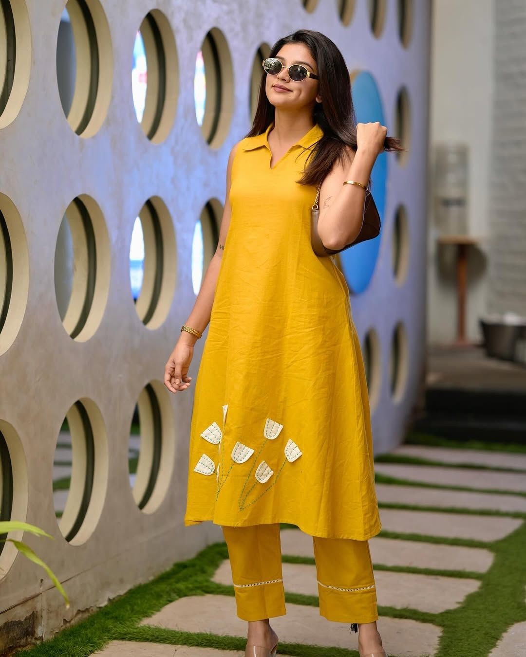 Women Pure Cotton Co Ord Set Yellow Handwork Kurta Pant Summer Outfit