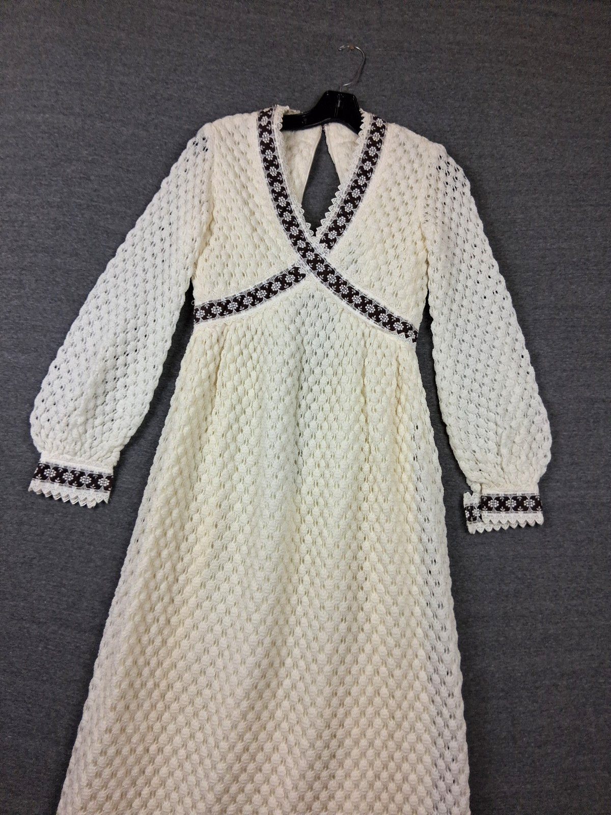 VTG Womens Dress M Biege Crochet Lined Prairie Core Cottage Handmade Boho Flaw
