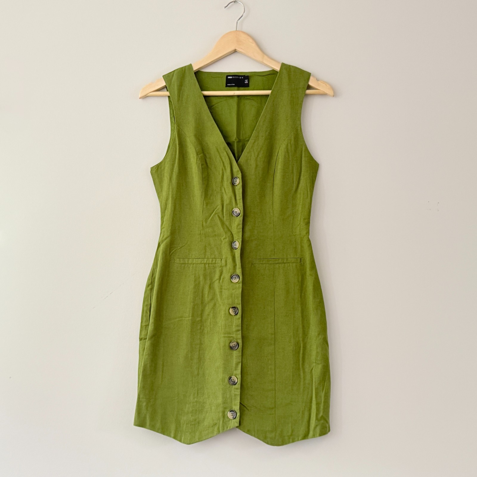 Asos Design Made In India Cotton Linen Green Button Dress