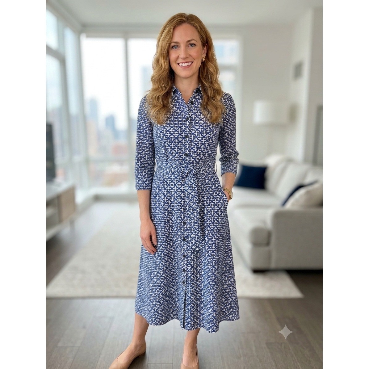 Melloday Blue White Geometric Tile Print Midi Shirt Dress with Belt Size Medium