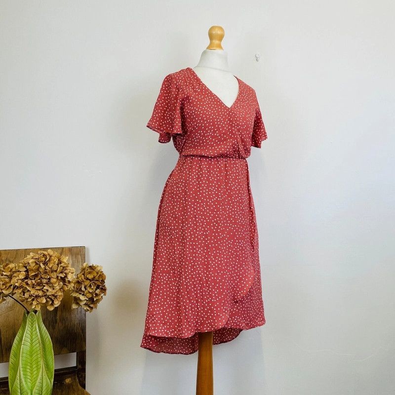 Sienna Sky Pink White Spotty Print Layered Hi-Low Hem Faux Wrap Dress 6