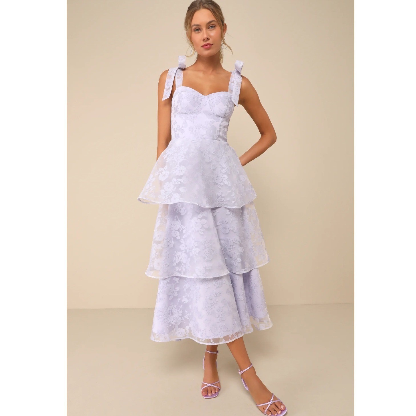 Lulus Glamorous Sweetie Lavender Burnout Tie-Strap Bustier Tiered Midi Dress XS