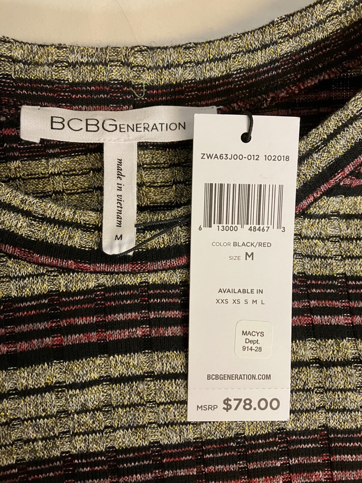 BCBGeneration Black Red Gold Metallic Striped LS Dress Medium NWTS!