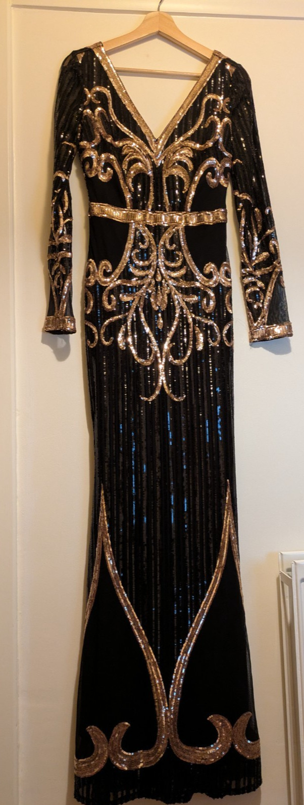 Goddiva Black Gold Sequin Maxi Fishtail Dress Flapper Gatsby 20’s Style UK 8