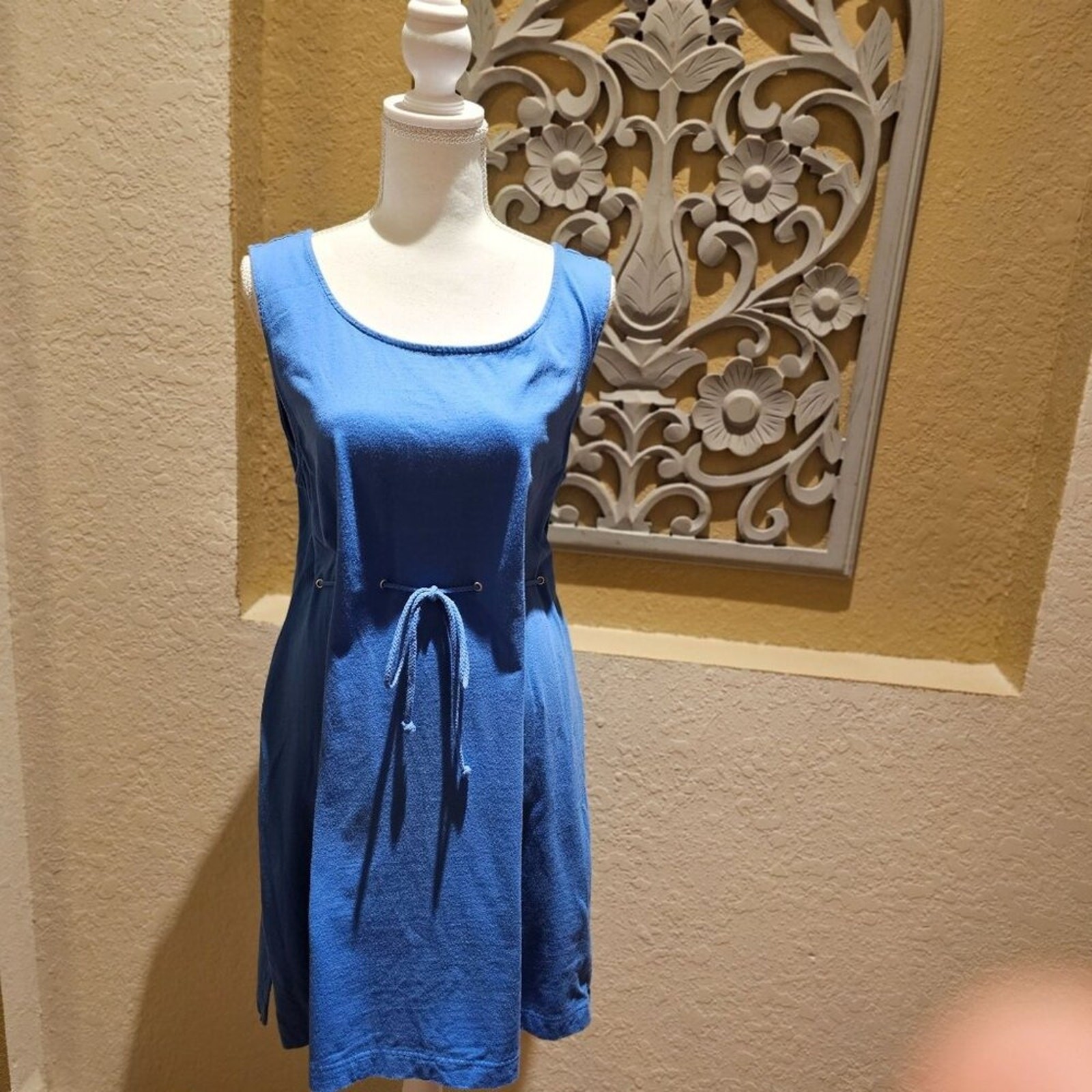 Lands End Women’s Sleeveless Blue Nautical Dress W Adjustable Waist Tie – Size L