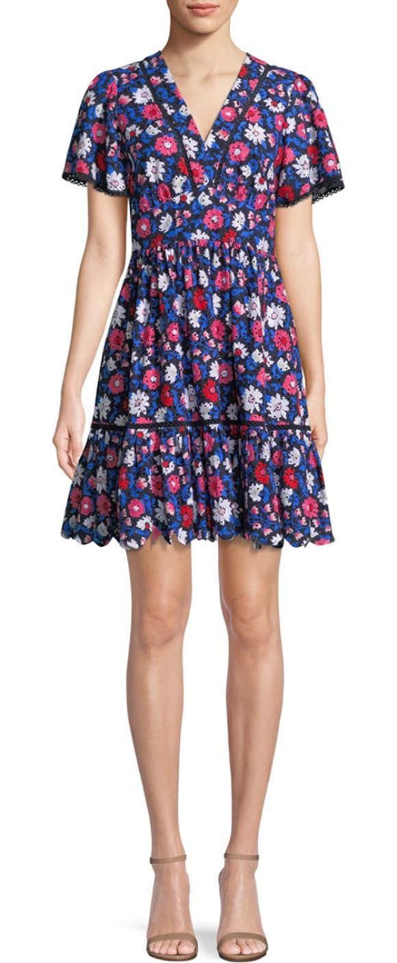 KATE SPADE Navy Pink White Floral Daisy Eyelet Embroidered Fit Flare Dress 6 = S