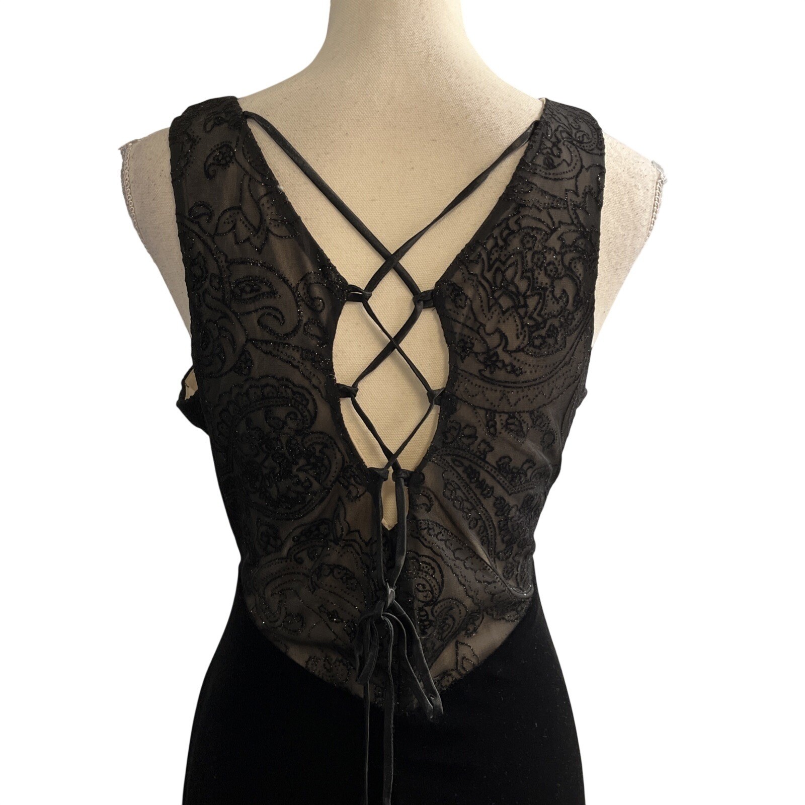 Vintage Connected Apparel Y2K Dress 12 Black Velvet Mesh Sheer Mesh Bodice Maxi