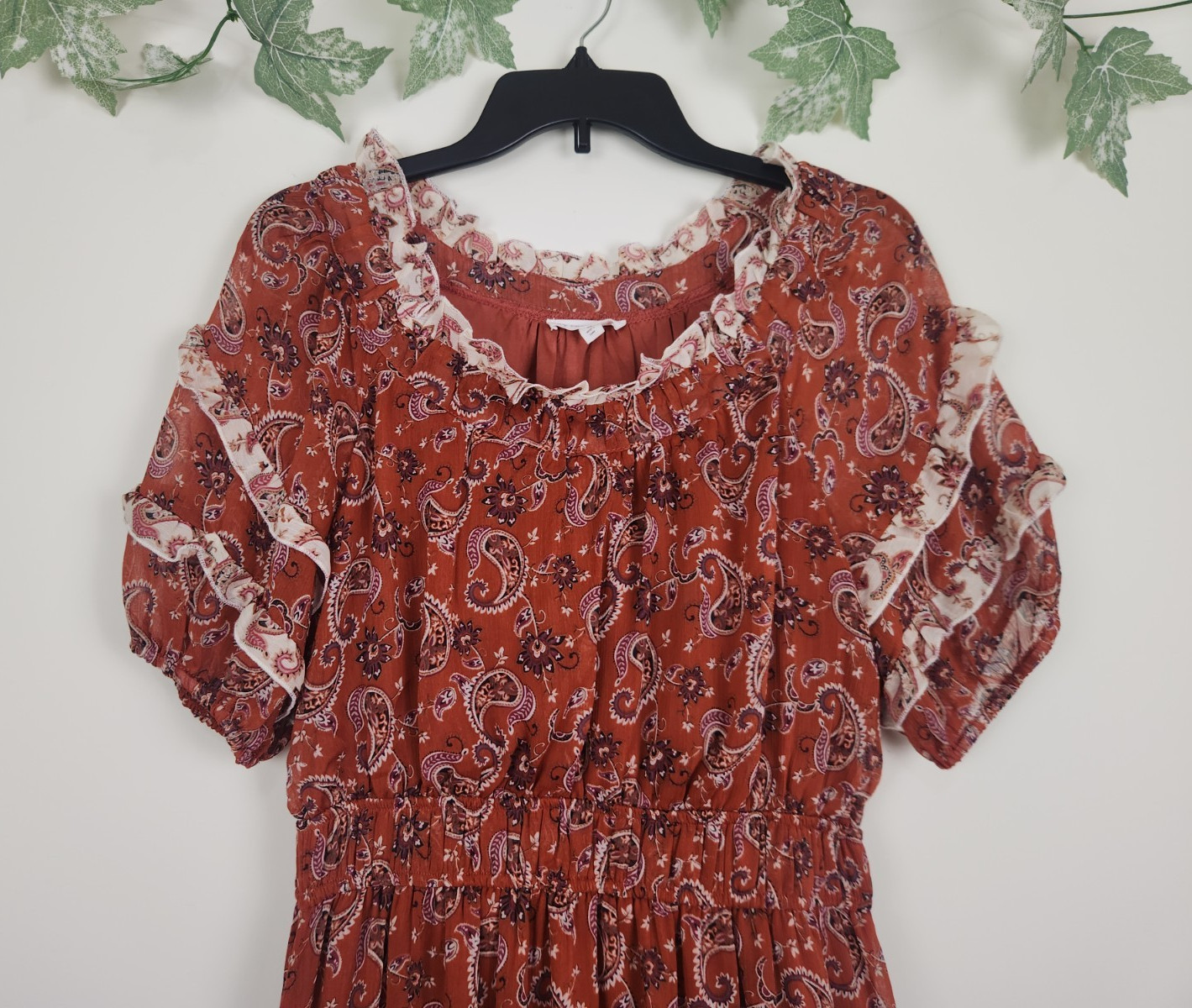By The River Size M Rust Brown Paisley Floral Elastic Waist Boho Ruffle Dress