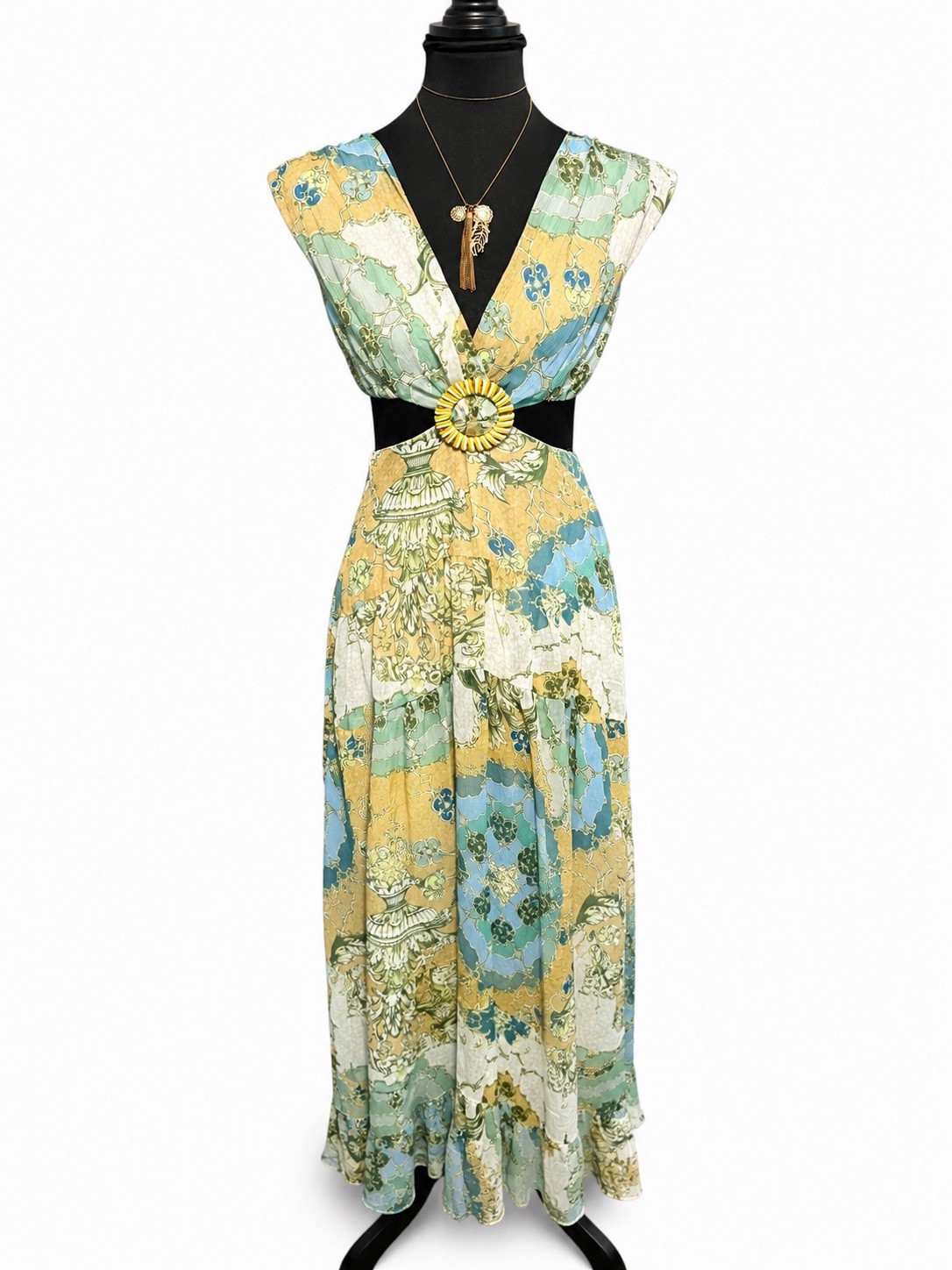 Chicways S Green Blue Yellow Floral Chiffon V-Neck Sleeveless Lined Maxi Dress