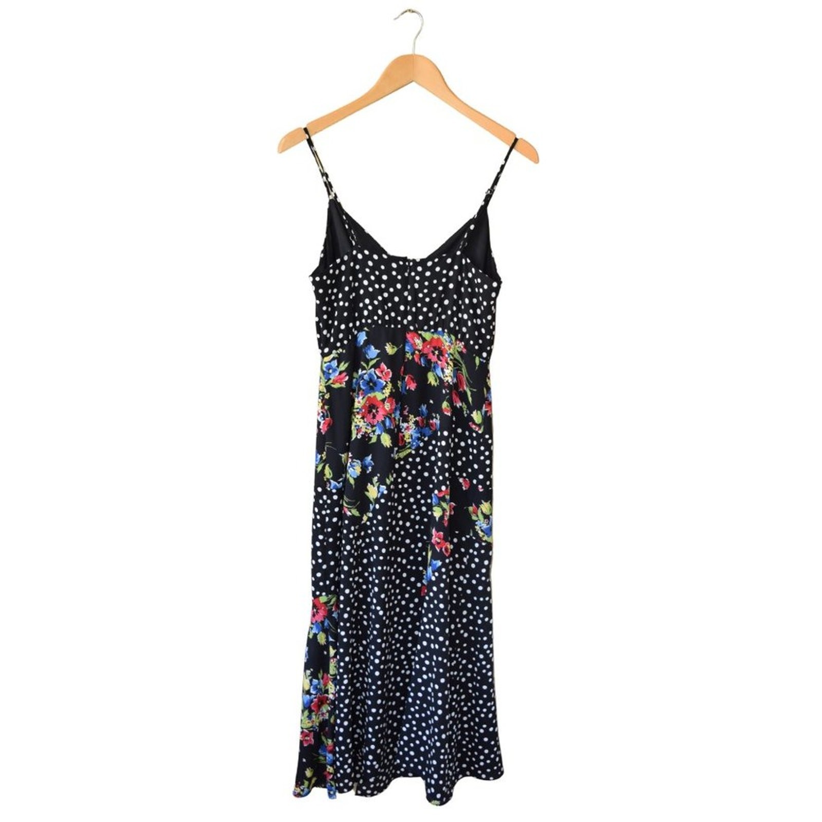 LIKELY Saige Midi Slip Dress Size 4 Black Floral Polka Dot Front Slit Revolve