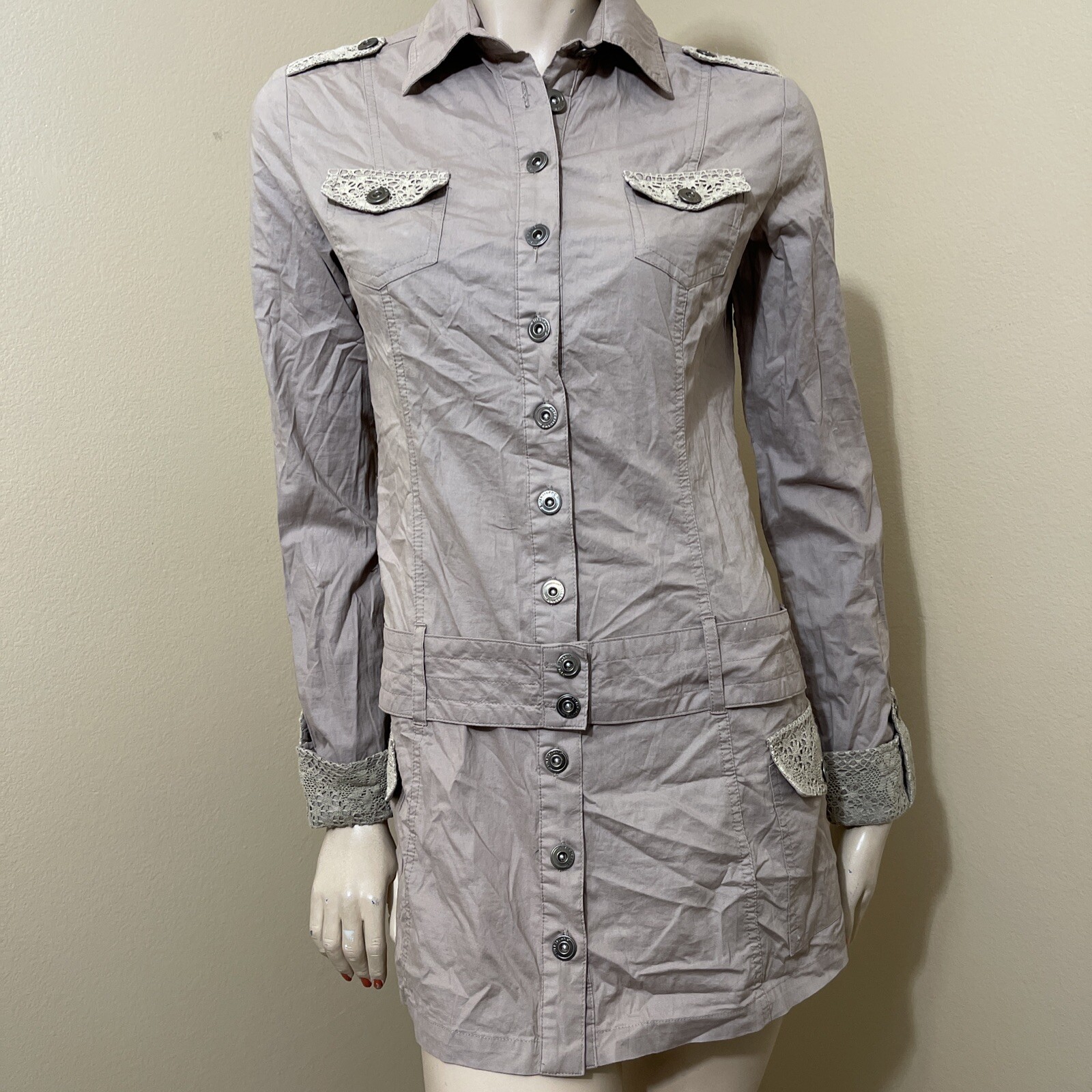 Women’s Beige Cotton Casual Collared Belted Lace Pickets Size S Button-up Dress