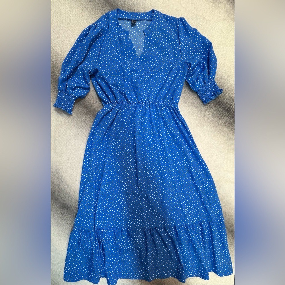 (B3) SHEIN Blue Polka Dot Ruffle 3/4 Puff Sleeve Dainty Midi Dress M 6