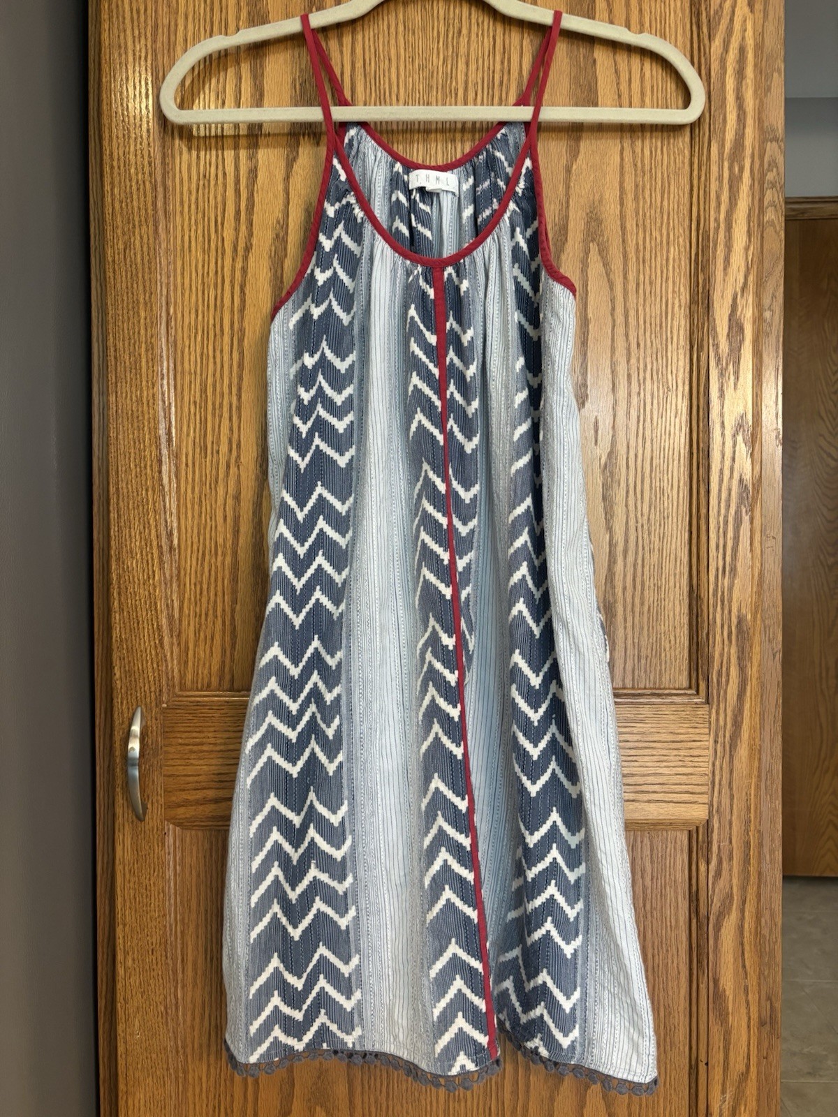 THML Women’s Blue/White/Red Chevron Cotton Spaghetti Strap Boho Tribal Dress S