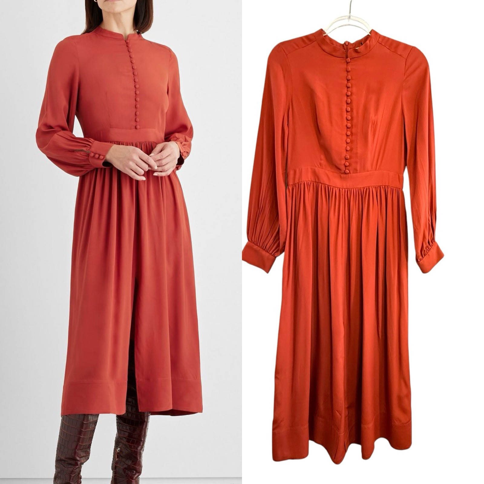 Iris & Ink Size 8 Aus (4 US) Burnt Orange Silk Blend Crepe Gathered Midi Dress
