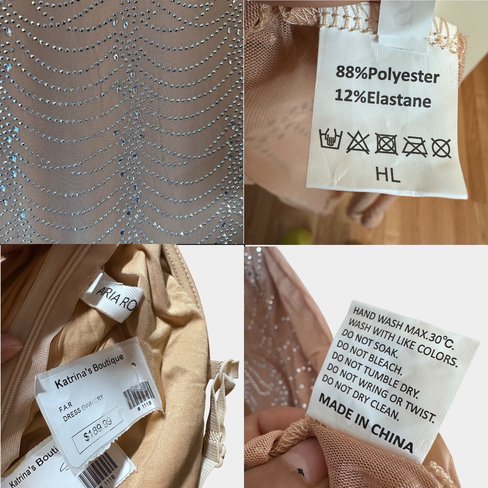 Dress Mermaid V-Neck Mesh-Inset Glitter-Print Gown Beige Size S-M Stretch Straps