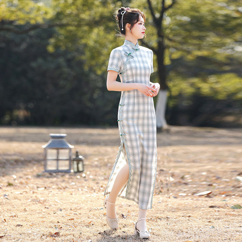 Elegant Modern Improved Cheongsam Dress Women Summer Qipao Mandarin Collar Party