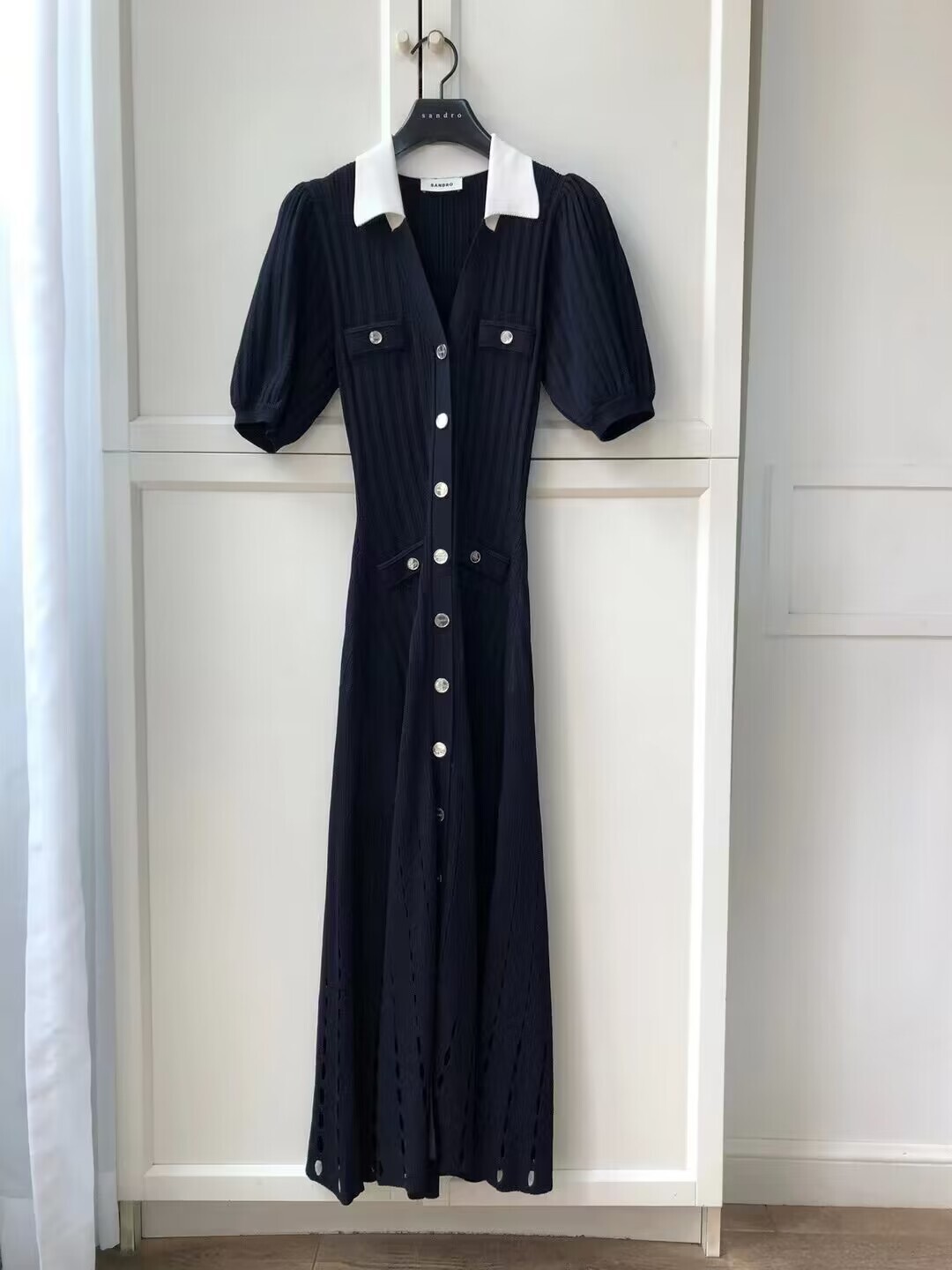 Sandro V-neck A-line Dress Single Breasted Short Sleeve Midi Dress for Women