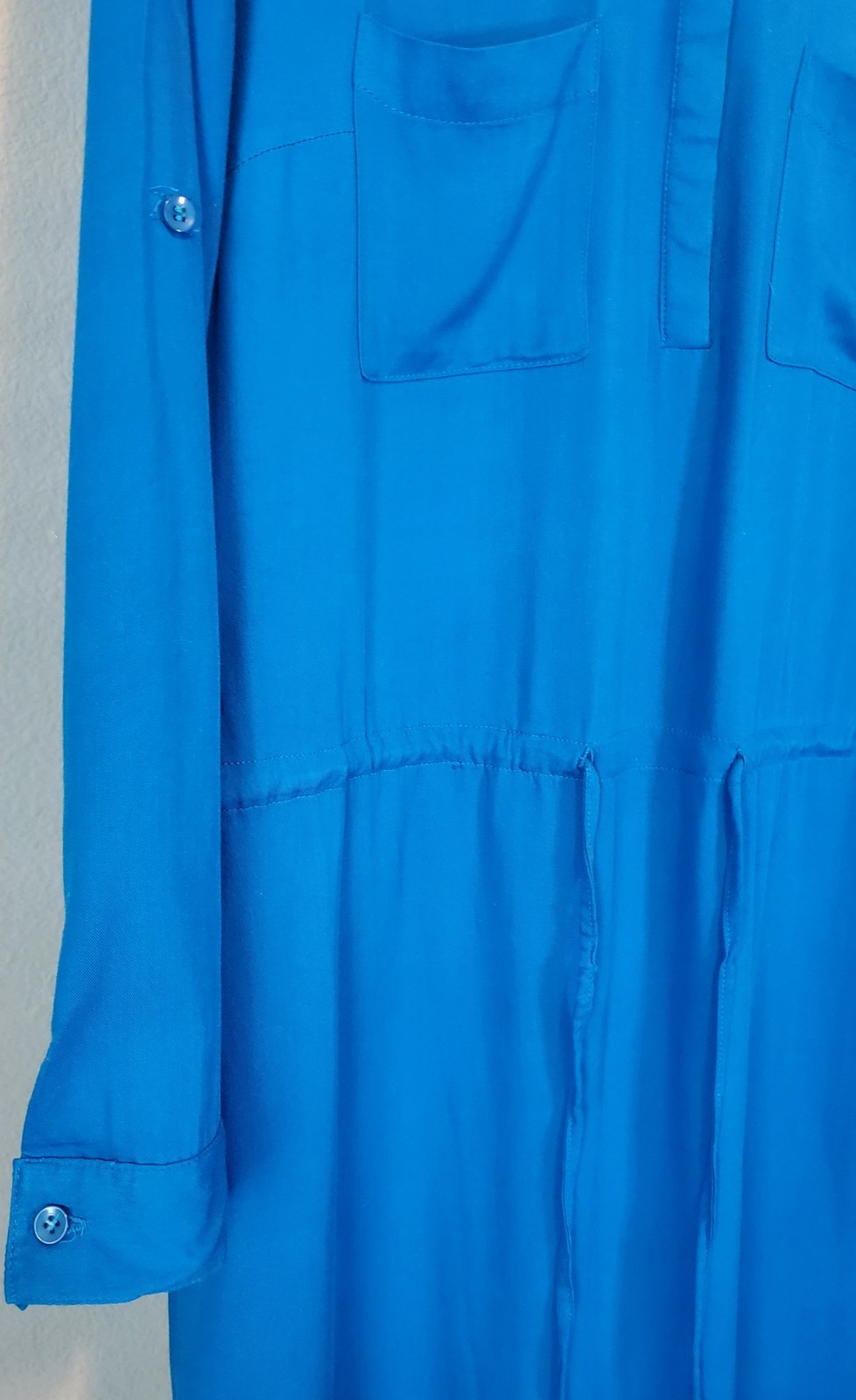 JustFab Blue Shirt Dress M Drawstring Waist Tab Sleeve Rayon Pockets