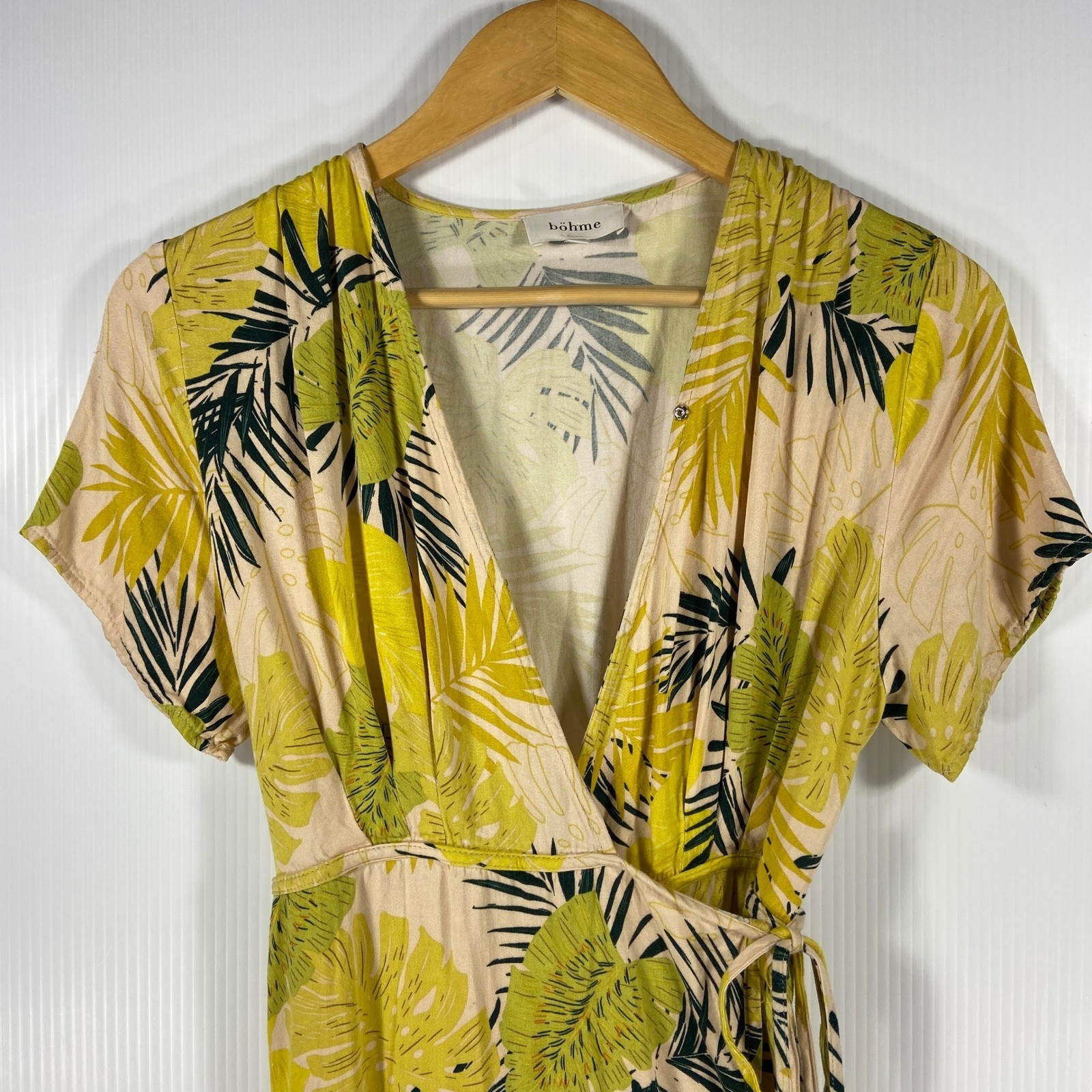 Bohme Shauna Tropical Mini Wrap Dress Apricot Green Yellow Womens Small