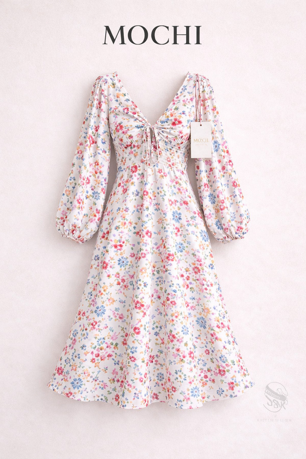 All Things Mochi Catalina Dress XS White Floral Boho V Neck Ruched Long Sleeve 3